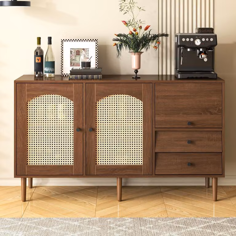 Credenza in rattan con 3 cassetti, 2 ante, gambe in legno, stile boho, dimensioni 130x40x75,5 cm