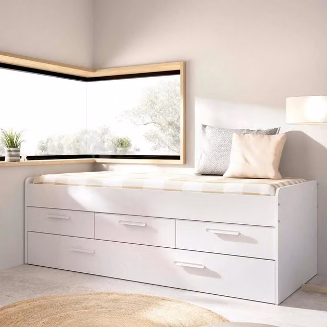 Letto per bambini DMORA Aftro con secondo lettino estraibile e 3 cassettoni, Bianco, L: 194,3 cm, P: 90 cm, H: 95 cm