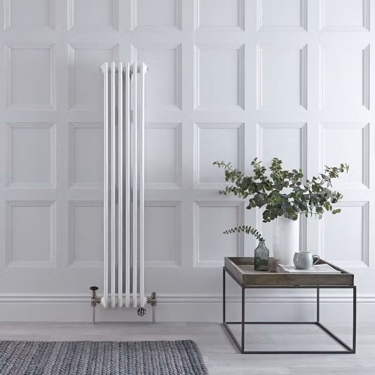Radiatore Verticale Misto in Stile Ghisa Bianco - 1500mm x 290mm - Senza Termostato - Valvole Nichel Satinato