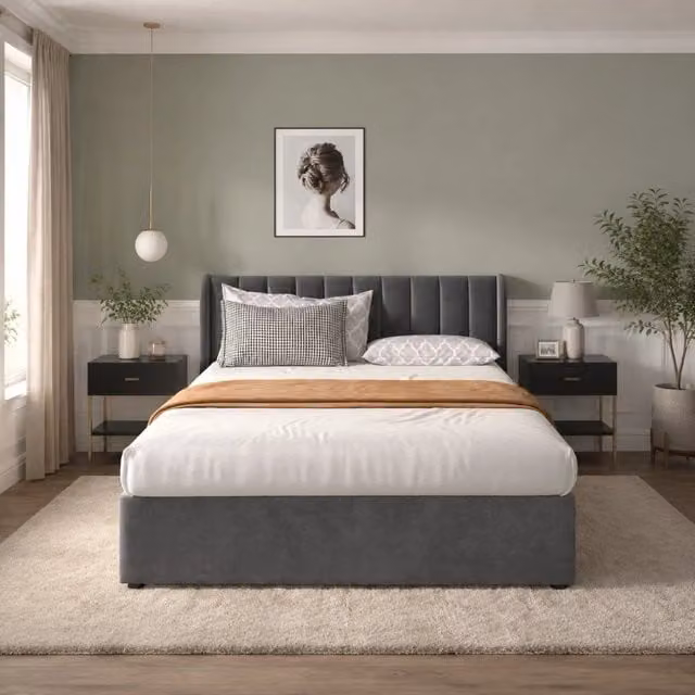 Letto Mivray con cassetti e rete a doghe, testiera imbottita in velluto grigio, L/P: 160 x 200 cm