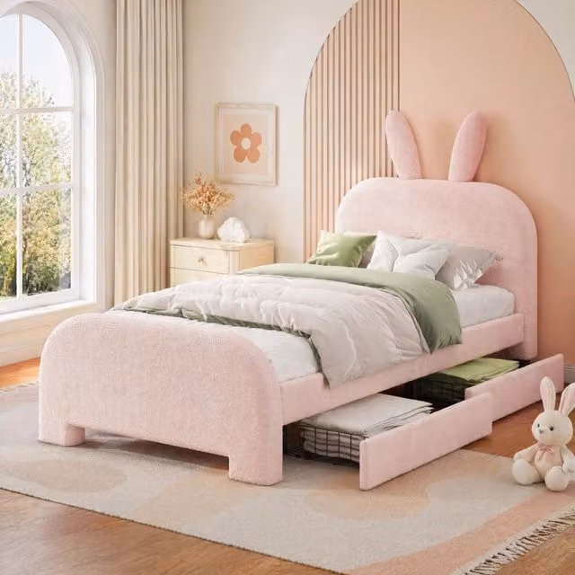 Letto per bambini Mivray con testiera a coniglio imbottita e 2 cassetti, rosa, L/P/H: 90 x 200 x 101 cm