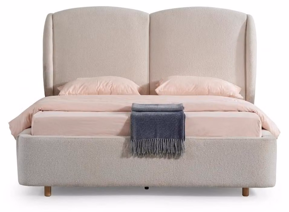 Letto imbottito in stile scandinavo, con aspetto bouclé e morbida testiera