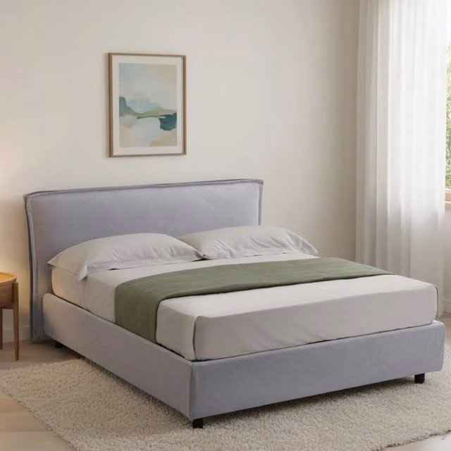Letto alla francese Brienza DMORA con materasso incluso, base contenitore con sollevamento, grigio e nero, L: 140 cm, P: 220 cm