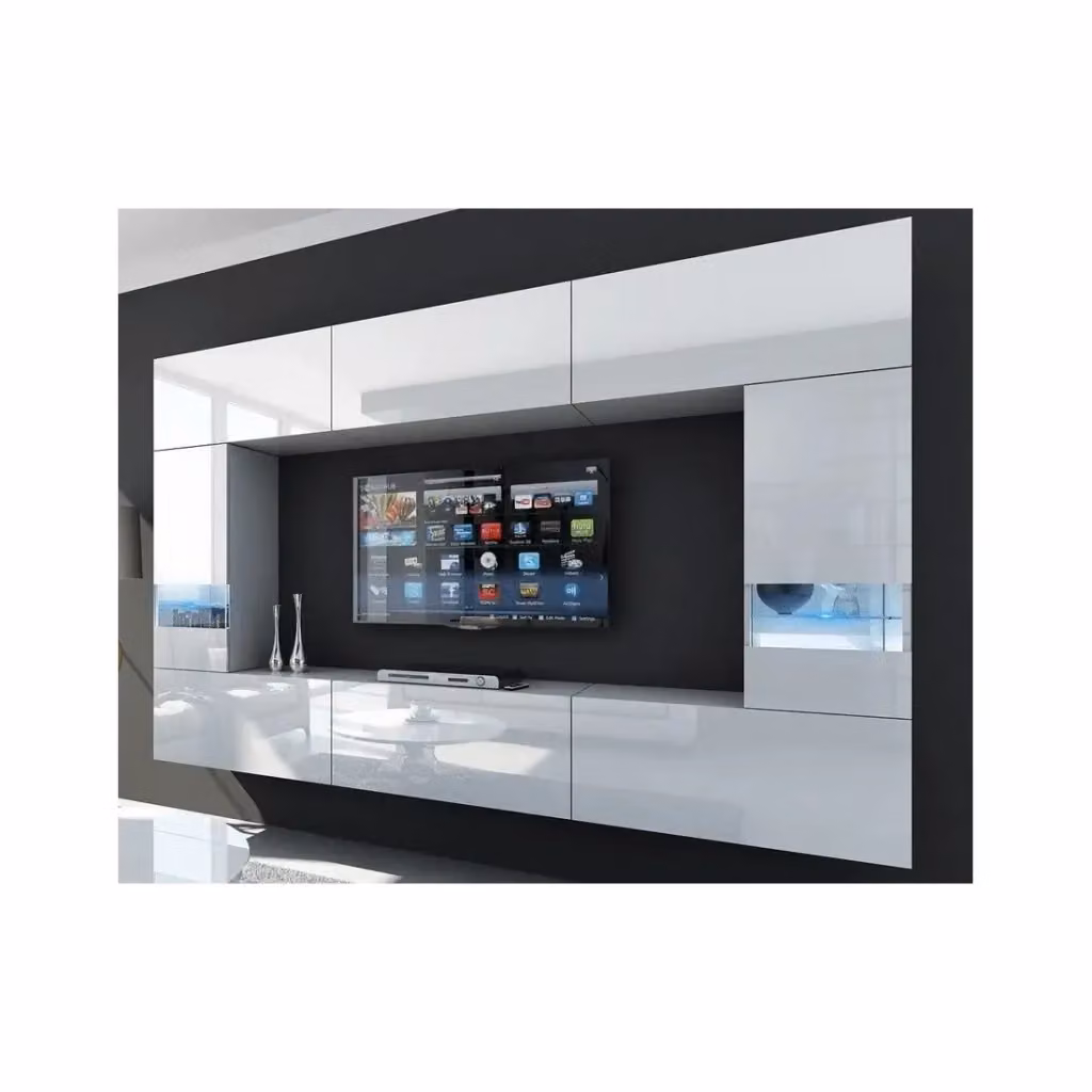 Set di mobili da soggiorno sospesi Meublorama collezione CEPTO XXIX bianco lucido, composto da 8 moduli con illuminazione LED integrata, L: 249 cm – 2