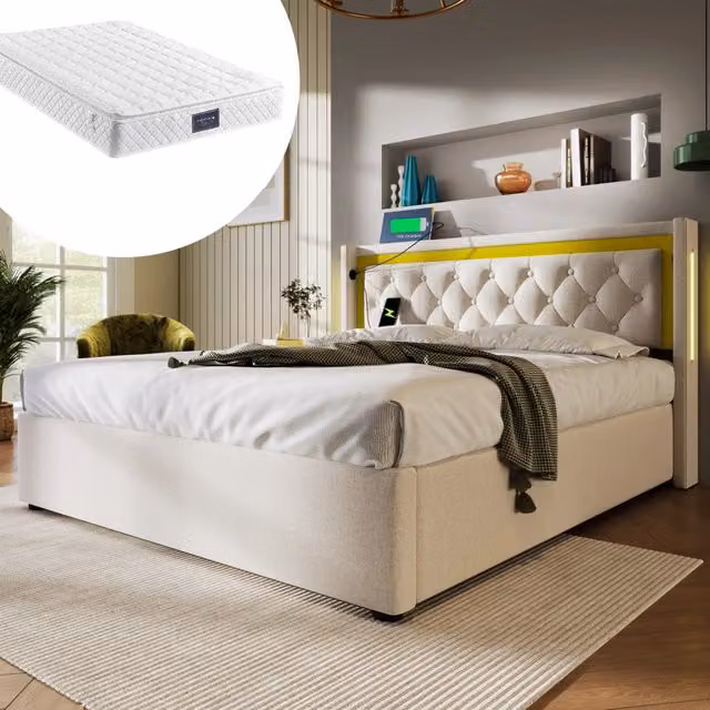 Letto imbottito REDOM Beige con materasso ibrido incluso, illuminazione LED sottostante e porte di ricarica USB e Type C, L/P: 140 x 200 cm