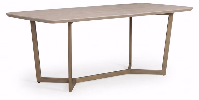 Tavolo da pranzo moderno, color beige, aspetto legno, struttura in metallo, design elegante, ideale per ambienti di prestigio