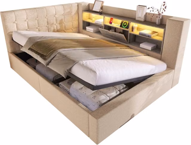 Letto imbottito 140x200 cm con LED, contenitore idraulico, testiera a L reversibile, rete a doghe, tessuto beige, USB e USB-C integrati