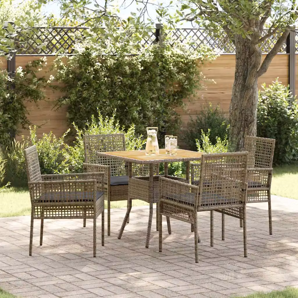 Set da pranzo per giardino e terrazzo vidaXL in polyrattan e legno di acacia, 5 pezzi, Grigio e Marrone