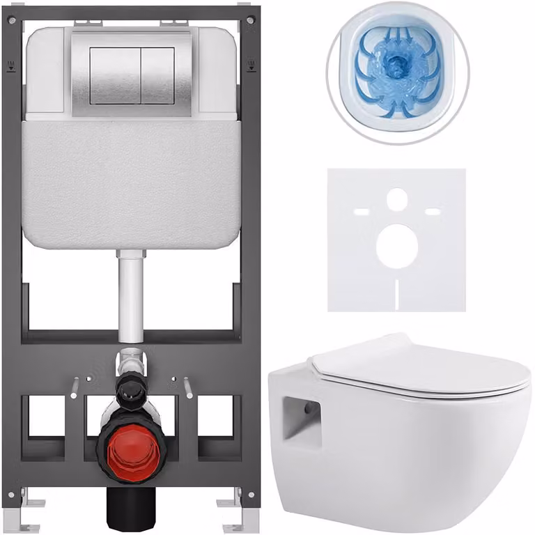Set completo per WC a pavimento Dure - bianco lucido - pulsante Prime/Maxio, argento - modello autoportante - installazione a muro/con pannelli di cartongesso - 51x35 cm
