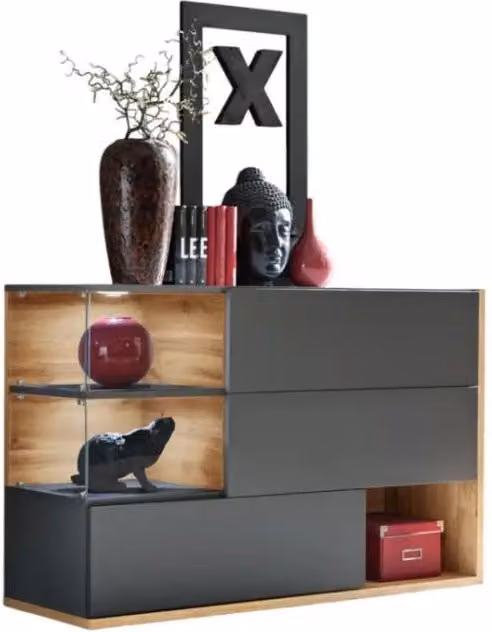 Buffet, bahut, enfilade KLIS a tre porte e tre nicchie. Colori grigio antracite e rovere. Stile design.