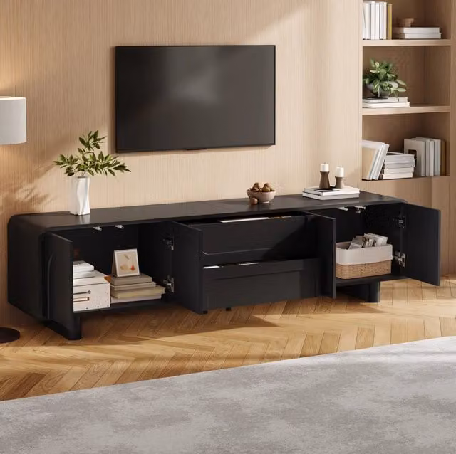 Mobile TV moderno MODFU nero in MDF con cassetti e ante L: 180 cm, P: 40 cm, H: 46 cm