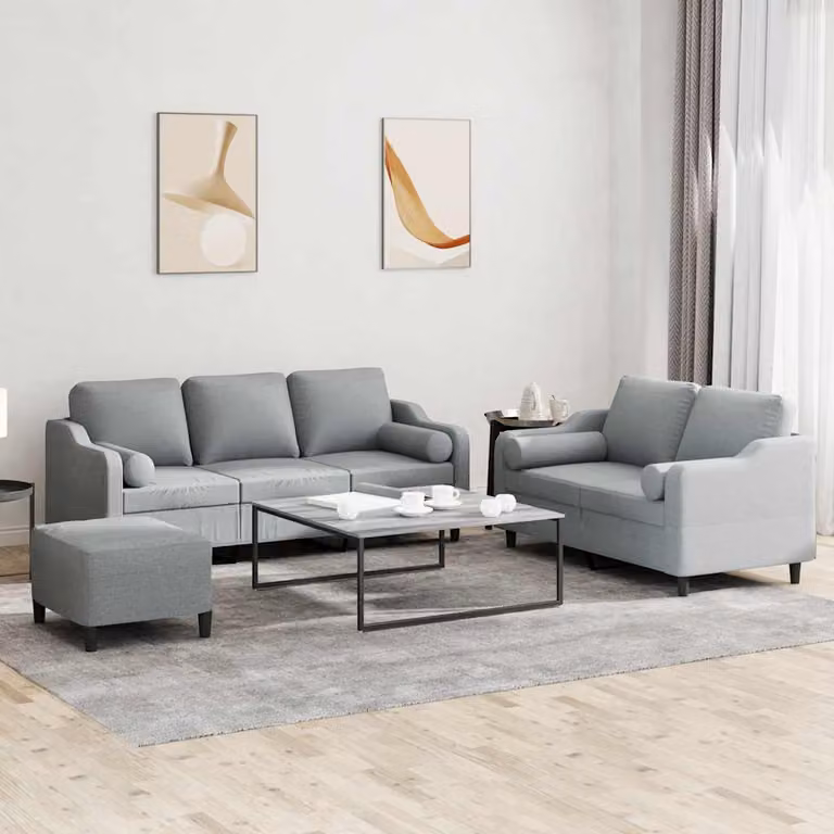 Set di Divani vidaXL 3 Pezzi con Pouf e Cuscini in Tessuto Grigio Moderno
