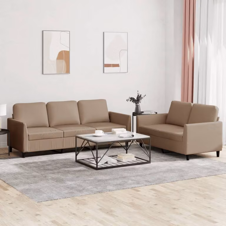 Set di divani vidaXL composto da un divano a 2 posti e uno a 3 posti in similpelle beige e marrone con cuscini inclusi per il tuo soggiorno