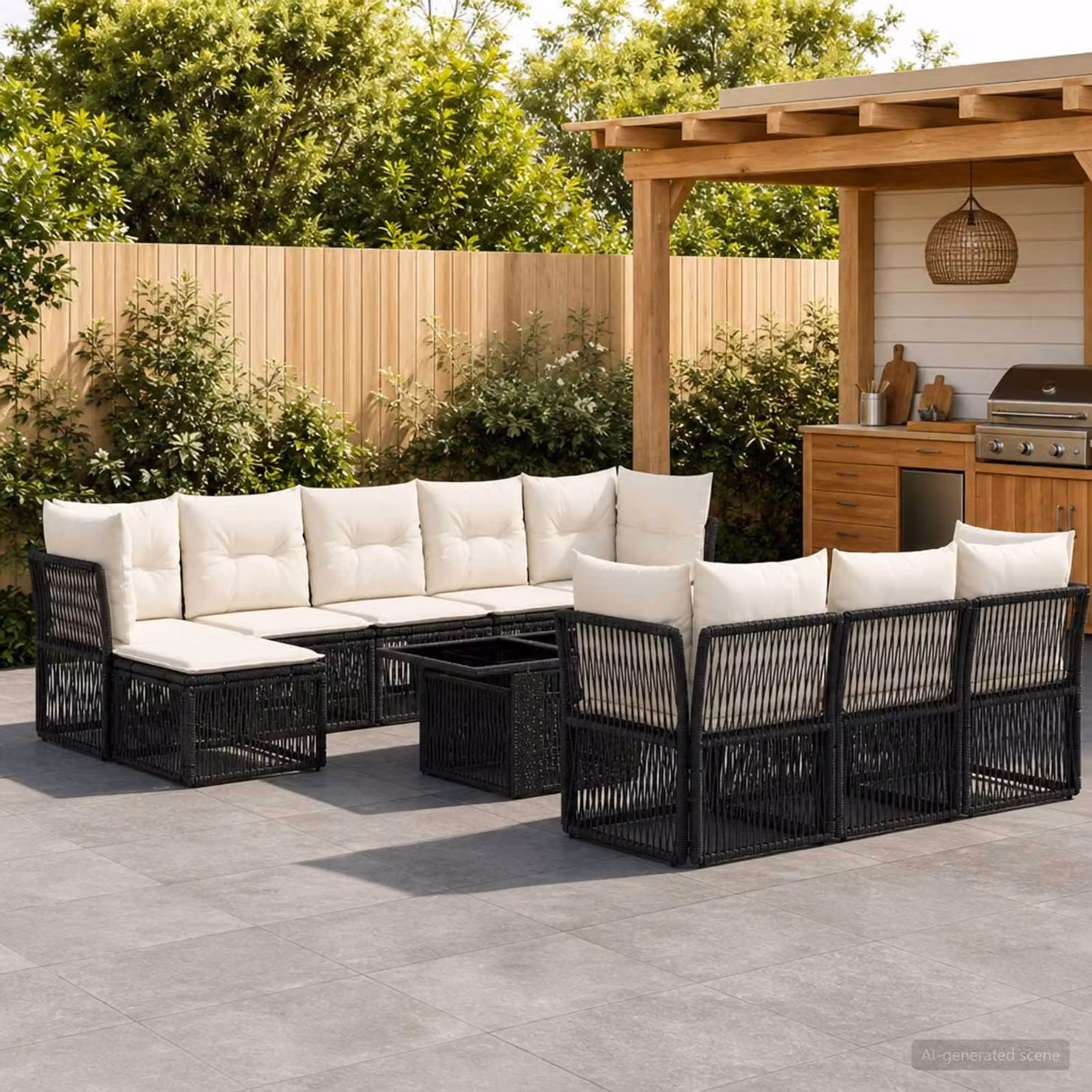 Set Divano da Giardino Moderno vidaXL in Polyrattan Nero con 11 Pezzi e Cuscini Inclusi