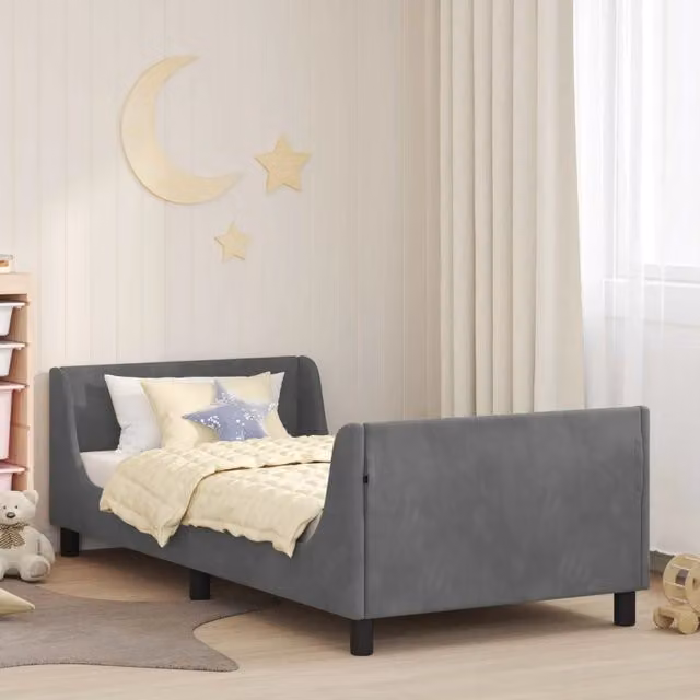Struttura letto per bambini con testata e giroletto in tessuto velluto Grigio, L 80 cm x P 200 cm x H 86 cm – 1