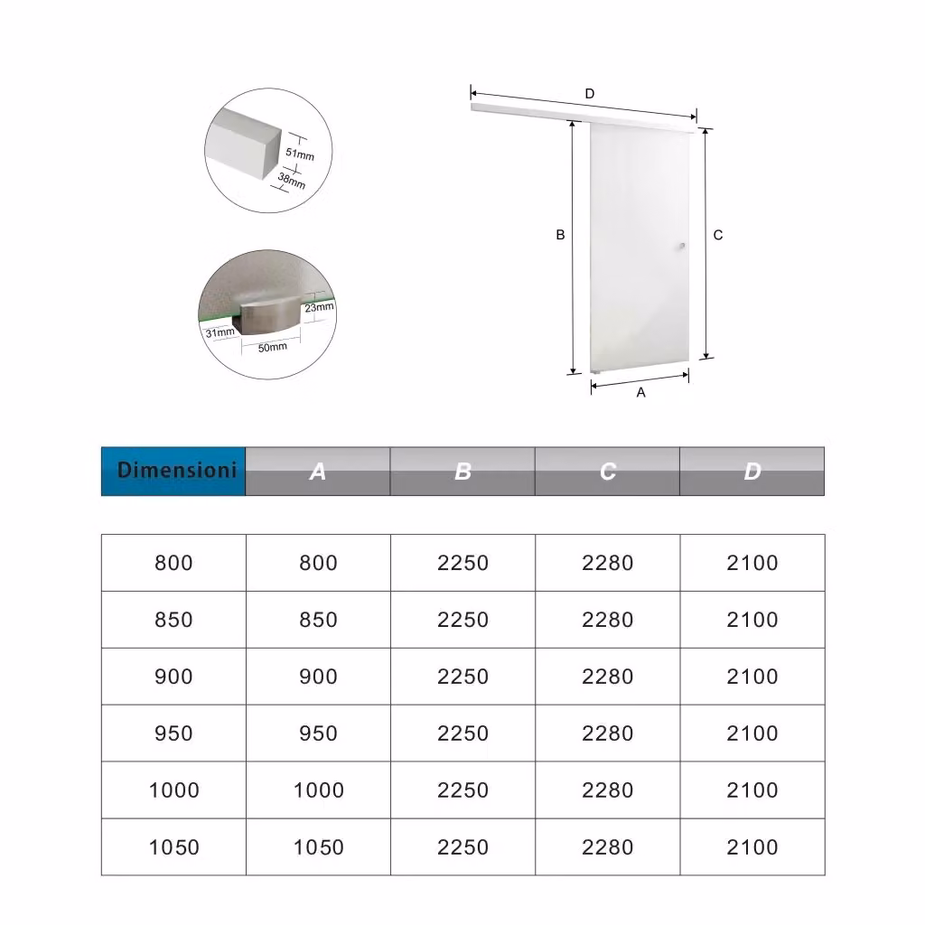 Porta Scorrevole in Vetro Temperato Opaco con Pellicola Anti-frantumi e Binario in Alluminio Bianco AICA ITALY L: 105 cm, H: 225 cm