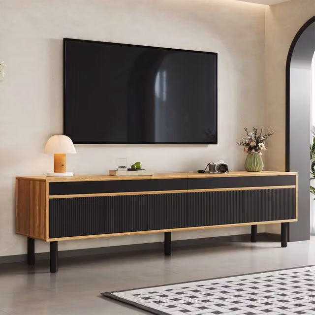 Mobile porta TV moderno OKWISH per soggiorno in MDF e legno, nero e marrone, con 4 ante ad apertura a pressione e passacavi, L: 170 cm, P: 38 cm, H: 47,7 cm