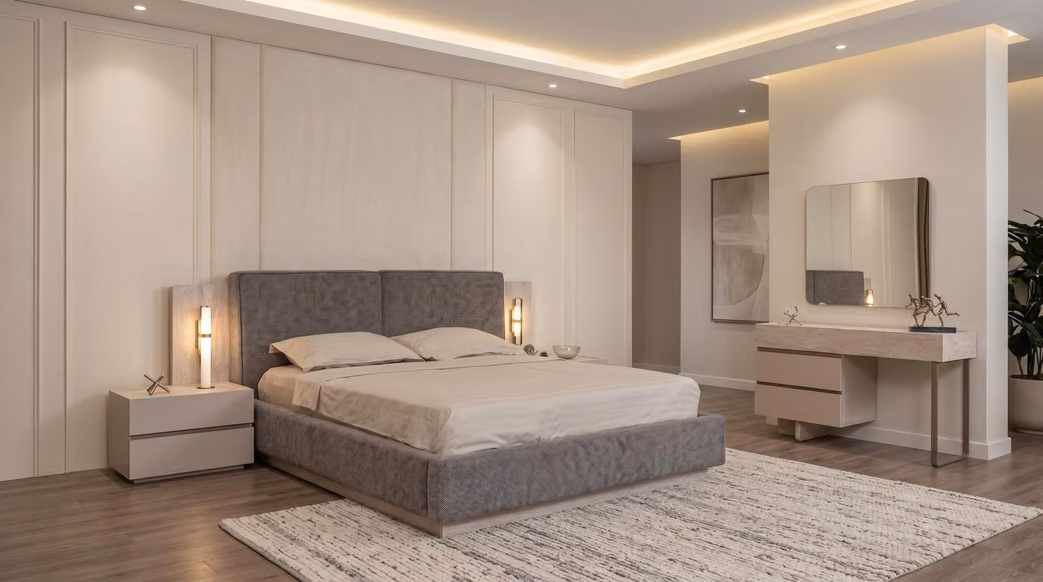 Set moderno per camera da letto, grigio, con letto, comodino e specchio, design confortevole