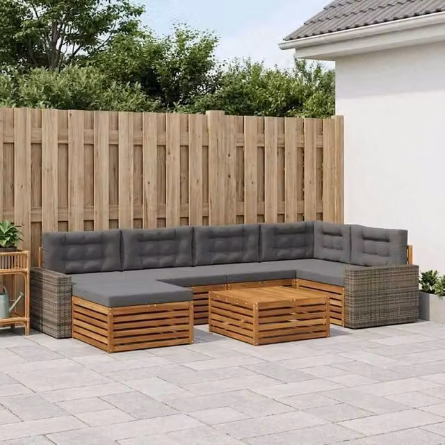 Set di divani da esterno a L con tavolo e pouf vidaXL, 7 pezzi, colore beige e antracite, in legno di acacia e tessuto – 1