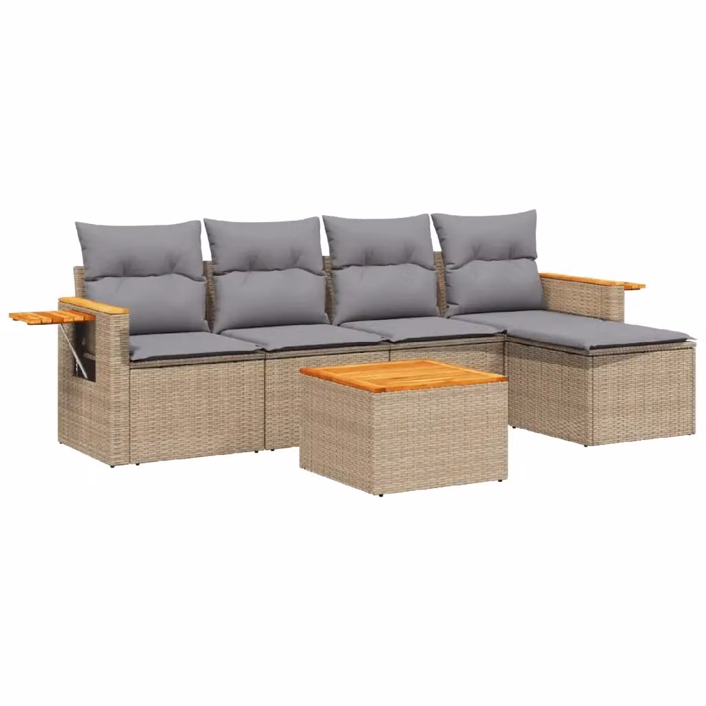 Set Divano da Giardino vidaXL 6 pz a L con Cuscini Beige e Grigio in Polyrattan e Legno di Acacia – 2