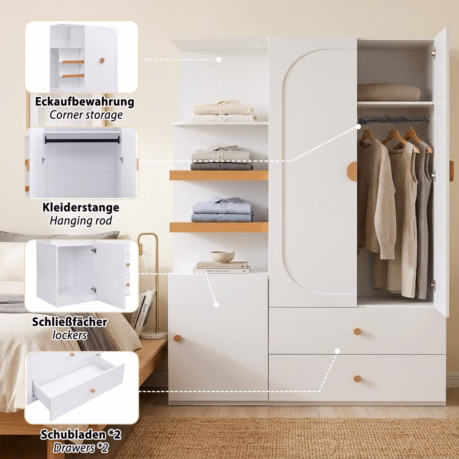 MODFU, armadio bianco, mobile alto 125x50x180 cm, armadio multifunzione con spazio contenitivo, dotato di asta appendiabiti, 2 cassetti e ripiani aperti