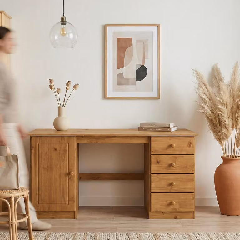 Scrivania MANAGER in legno massello, 145 x 73 x 54 cm, finitura rovere - Scrivania in legno di pino con 4 cassetti e 1 ante, tavolo per ufficio domestico con ampio spazio di archiviazione, ideale per l'ufficio e lo studio