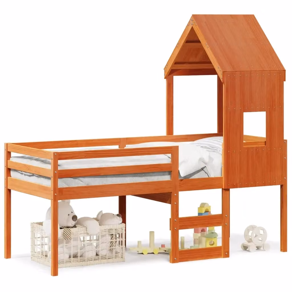 vidaXL Letto a Soppalco per Bambini con Tetto a Casetta in Legno di Pino Marrone Cera L 90 x P 200 cm – 2
