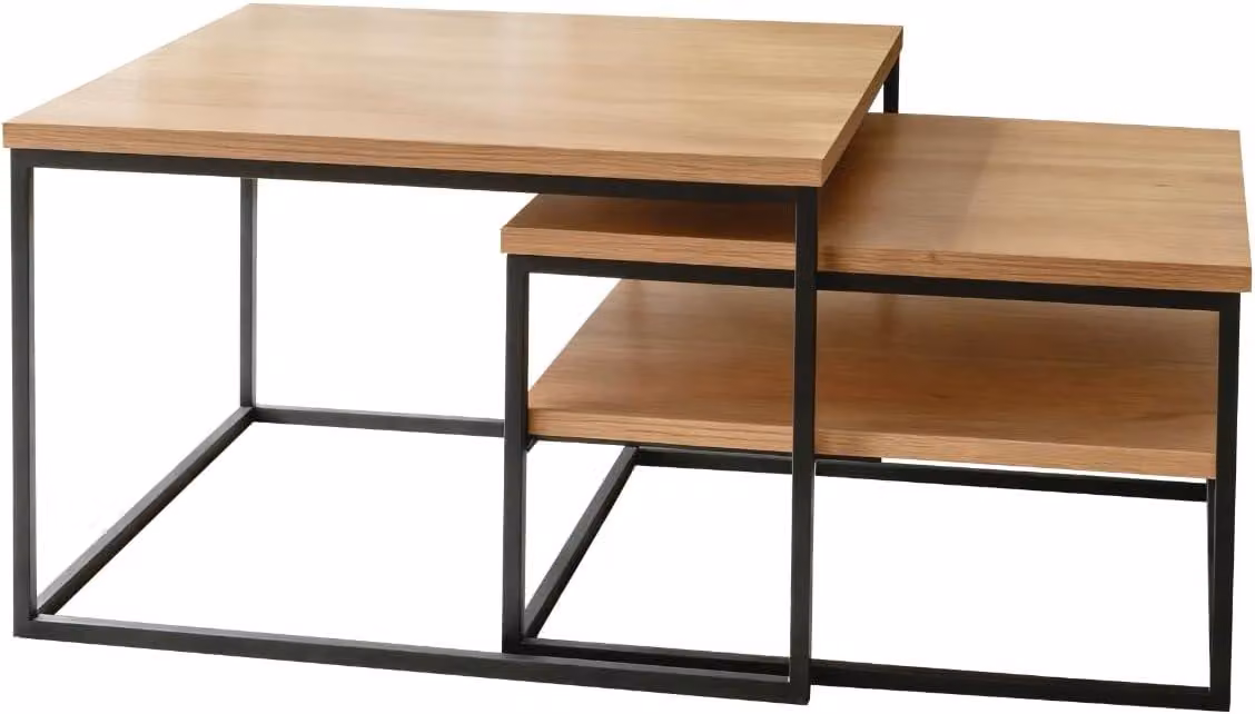 Set di 2 tavolini da salotto in rovere di alta qualità | Tavolino da salotto in legno massello | Set di tavolini in vero legno con ripiano | Tavolino ausiliario allungabile in stile industriale