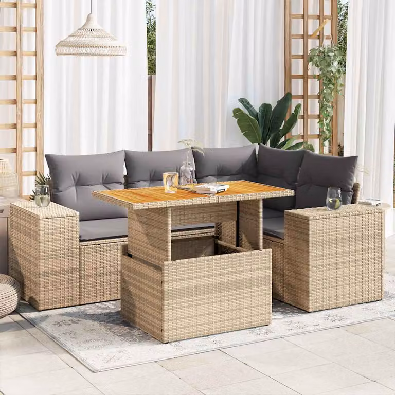 Set Divano da Giardino vidaXL 5 pz a Forma a L con Tavolino, Cuscini Beige e Struttura in Polyrattan e Legno di Acacia
