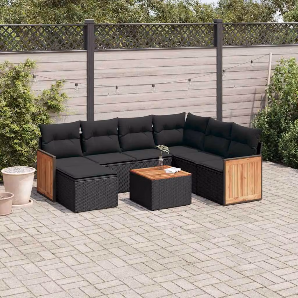 vidaXL Set Divani da Giardino a L in Polyrattan Nero con 8 Pezzi e Cuscini – 1
