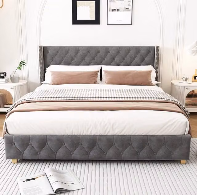 Letto imbottito 140x190 cm capitonné con testiera; velluto grigio (Senza materasso)