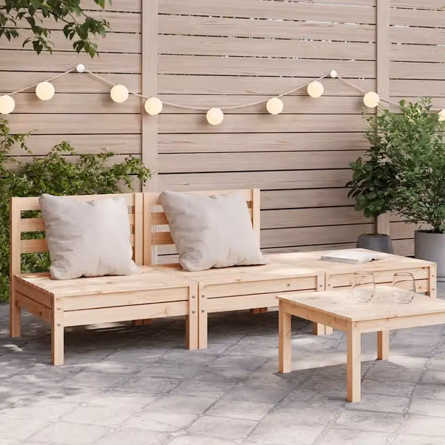Divano da giardino a 3 posti in legno di pino con cuscini beige per esterno