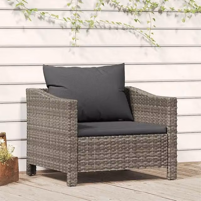 Poltroncina da giardino moderna in polyrattan con cuscino grigio L 72,0 cm x P 63,0 cm x H 55,5 cm