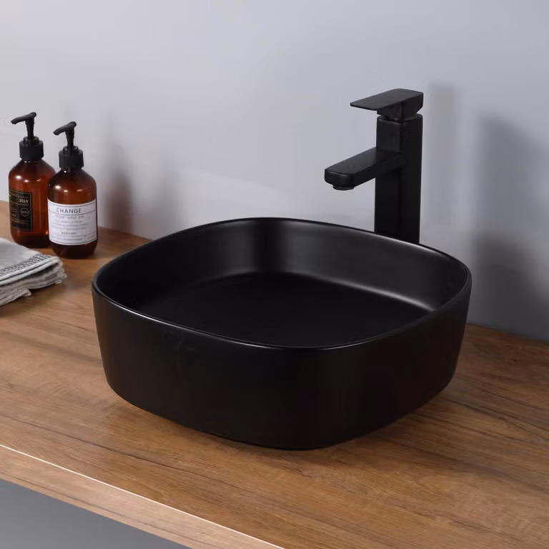 Lavabo da appoggio quadrato, 37,5 x 37,5 cm, in Vetroceramica, nero opaco, con bordi arrotondati