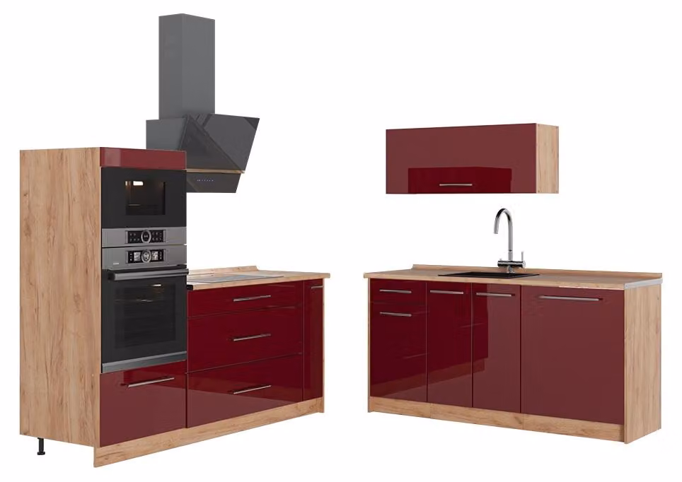 Cucina Vicco Fame-Line Bordeaux lucido/Rovere dorato 340 cm, PL Rovere, Model 63710