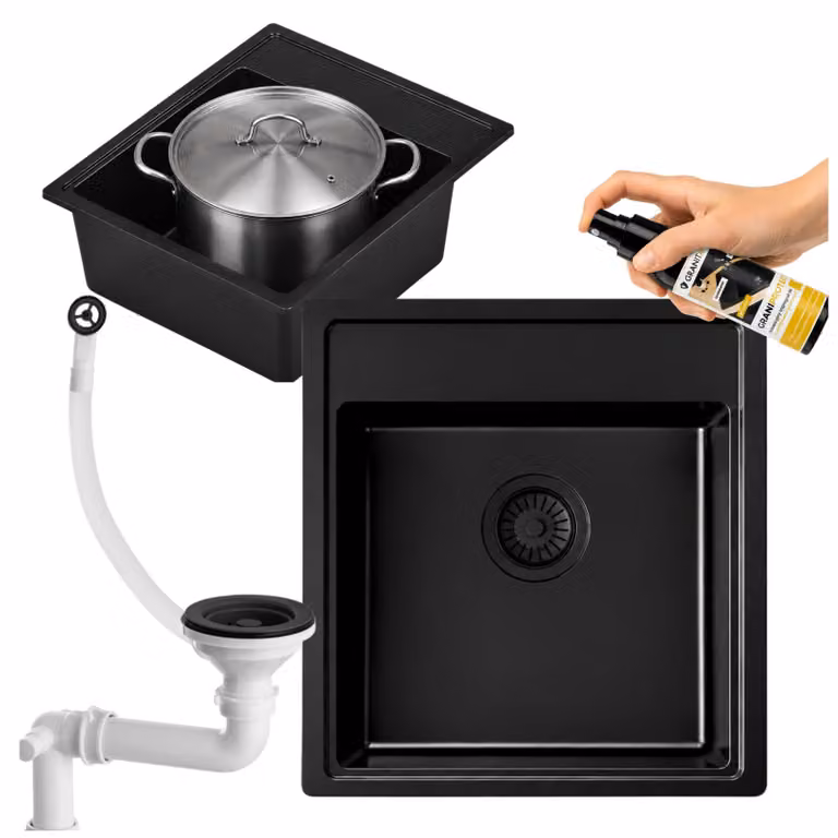 Granitan | Lavello in granito - Lavello da incasso 44x51 cm - Lavello da cucina nero - Lavello con sifone e trattamento impermeabilizzante - CELINA 44