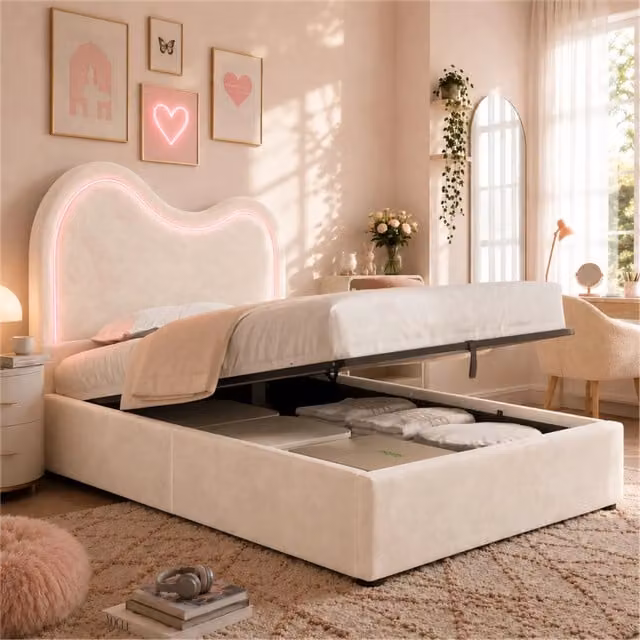 Letto imbottito singolo per bambini 90 x 200 cm con contenitore idraulico, rete a doghe, testiera imbottita, velluto, Beige