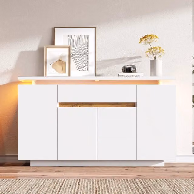 Madia moderna Mivray bianca con illuminazione LED integrata, 2 ripiani regolabili e cassetto, L: 140 cm, P: 40 cm, H: 80 cm