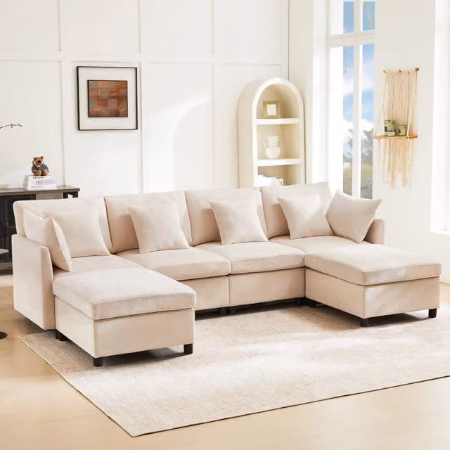 Divano modulare convertibile in U e L con 2 pouf e 6 cuscini, in chenille beige per soggiorno moderno spazioso