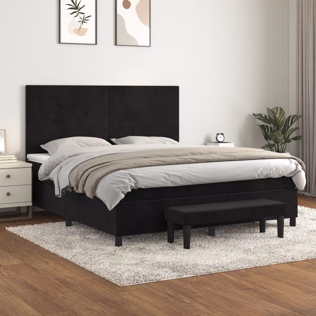 Letto con Giroletto a Molle e Materasso Ibrido vidaXL in Velluto Nero, L/P: 180 x 200 cm