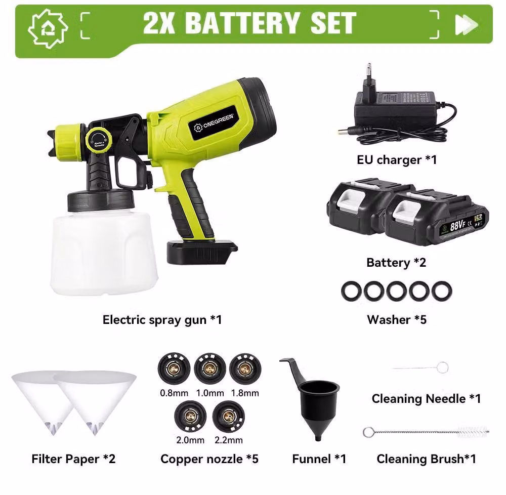 Pistola a spruzzo senza fili - Dispositivo portatile da 850W - Alta pressione - Ugello da 1,8 mm - Serbatoio da 1400 ml - Set con 2 batterie