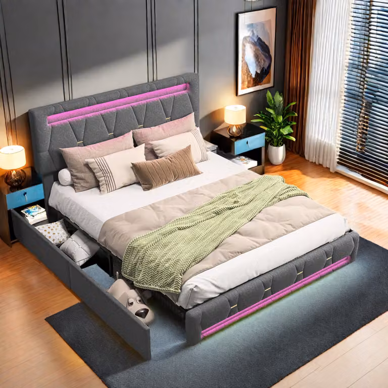 UnboxG Letto imbottito 160x200 cm, illuminazione a LED, letto matrimoniale con 4 cassetti e testata regolabile, letto con contenitore e rete a doghe, struttura del letto in metallo, lino, grigio