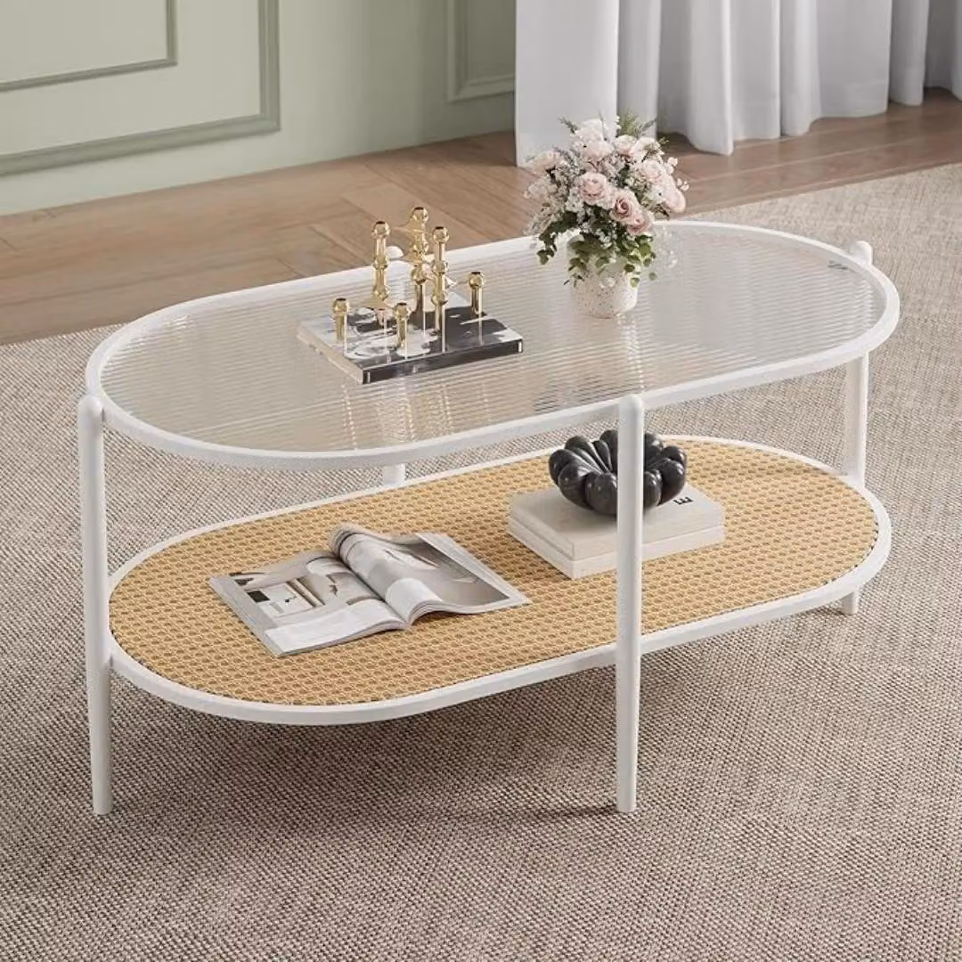 Tavolino in rattan - Ovale a due ripiani - Piano in vetro temperato - Struttura in metallo - Intrecciato in stile boho - Viola scuro