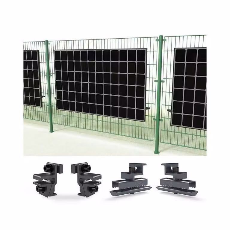 Set di 4 morsetti per recinzione fotovoltaica, nero – Supporto per recinzione solare/centrale elettrica da balcone per rete a doppia barra 6/5/6 e 8/6/8 – Montaggio diretto sul telaio del modulo senza binario