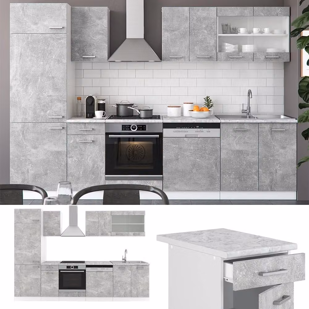 Cucina componibile moderna Vicco R-Line Calcestruzzo e Bianco con ante in vetro e illuminazione integrata L: 300 cm – 2