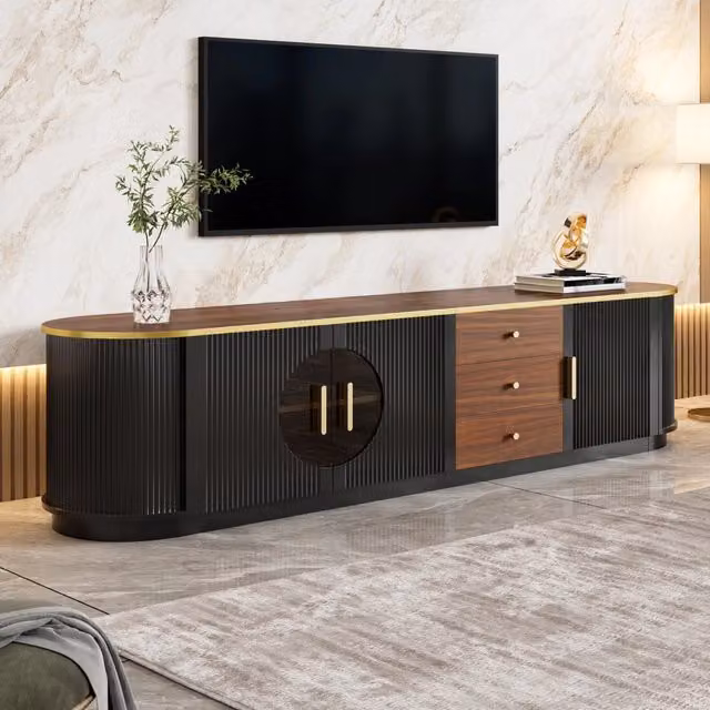 Mobile TV, ante in vetro marrone, in MDF, maniglie in metallo, finitura effetto legno, nero e marrone