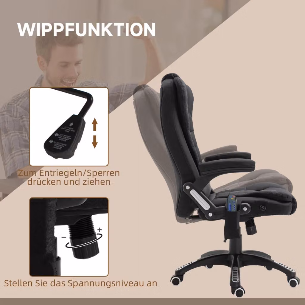 Sedia da ufficio ergonomica REDOM nera con funzione massaggio e riscaldamento, girevole a 360° e regolabile in altezza – 2