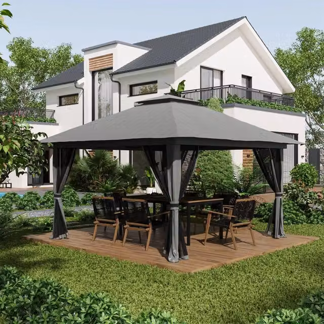 Gazebo da giardino pieghevole con doppio tetto ventilato pareti laterali e altezza regolabile in ferro grigio scuro