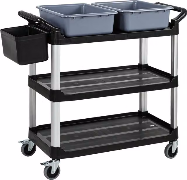 Carrello per pulizie professionale HOMCOM a 3 ripiani con 2 contenitori rimovibili, bidone laterale e 4 ruote, Nero