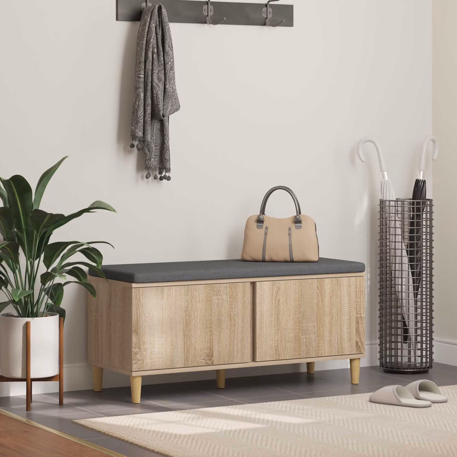 Panca per ingresso con scarpiera vidaXL in Rovere Sonoma con cuscino marrone L: 100 cm, P: 38 cm, H: 46 cm